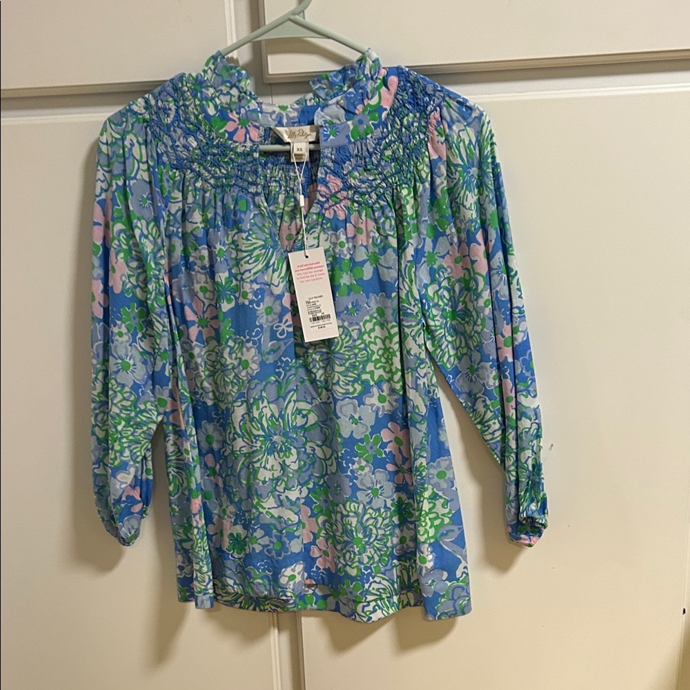 Lilly Pulitzer Lourdes Blue and Green Floral Blouse NWT